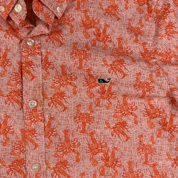 Vineyard Vines Mens Slim Fit Whale Shirt Orange Lobster Print Cotton M Short Slv - Picture 5 of 6